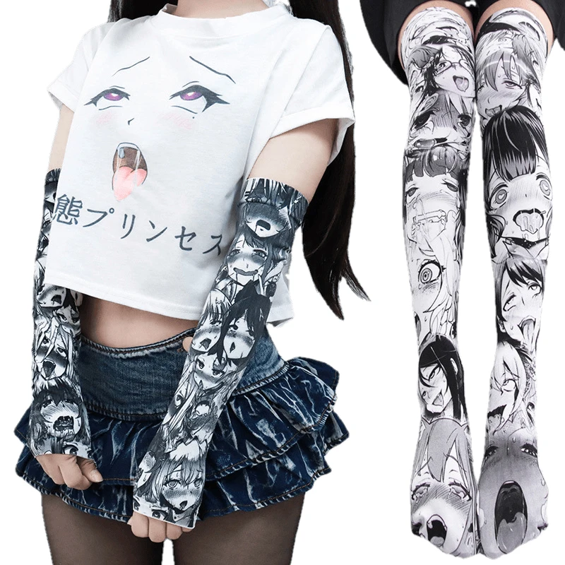 Anime Ahegao Hentai Cosplay Protection Arm Sleeve Stockings Tshirt Costumes Cartoons Printing Summer Woman Costume |