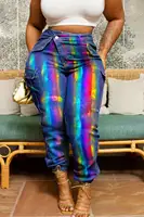 Women's Plus Size Jeans Blue Metallic Coating Jogging Denim Trousers High Street Pockets Casual Asymmetric Jeans Autumn 2024 - Image 2
