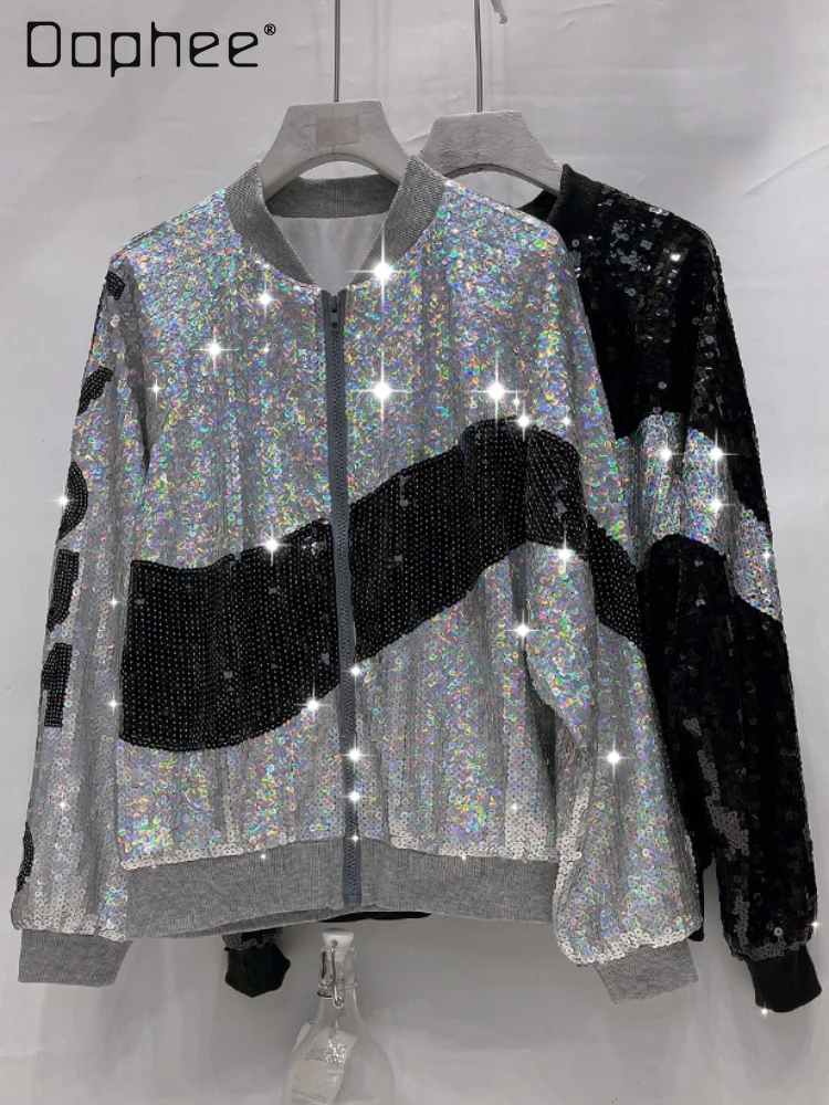 

Fashion Heavy Embroidery Sequins Long Sleeve Jacket Women Spring Autumn Zipper Baseball Uniform Trendy Long Sleeve Coats Female