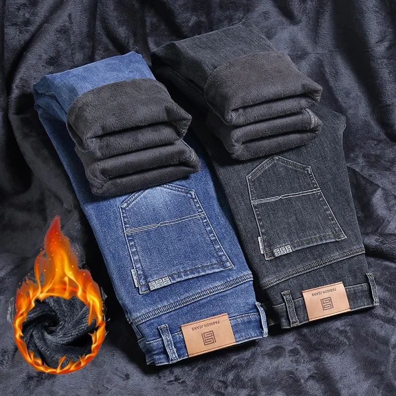 Winter Men Warm Flannel Stretch Straight Jeans Casual Fleece Baggy Pants Classic Plus Size Denim Trousers Male Brand Clothing 3