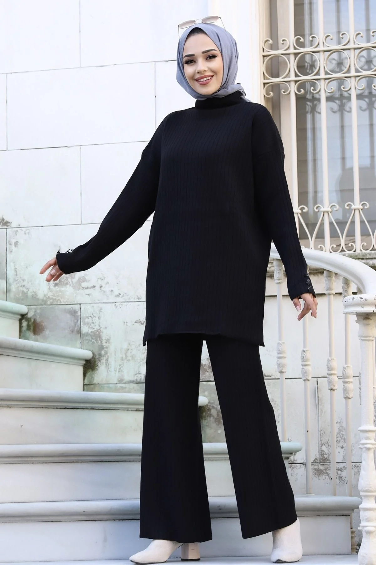 

Muslin Women Suits Islam Tops Pants Set Malaysia Indonesia Autumn And Winter Woolen Muslim Women's Wide Leg Pants Two Piece Set