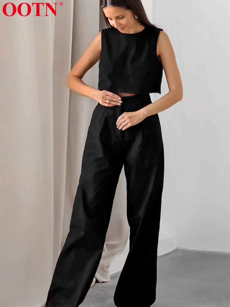 

OOTN хлопковый наряд, женский топ с круглым вырезом без рукавов, черные брюки с высокой талией 2024, летние офисные шорты, костюмы, комплект из двух предметов