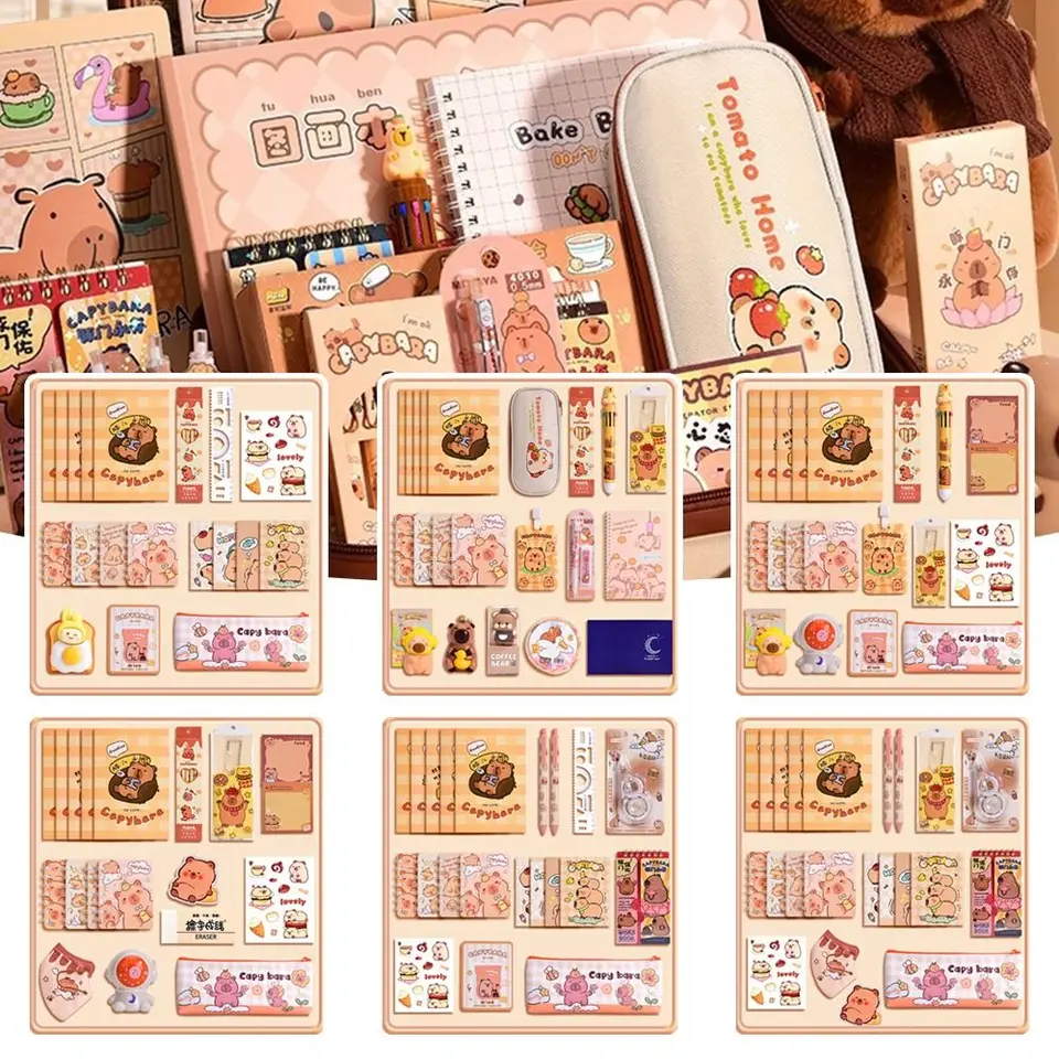 Kit Papeterie Capybara - Trousse, Règles, Cahiers, Stylos, Autocollants - Cadeau Rentrée Ou Anniversaire
