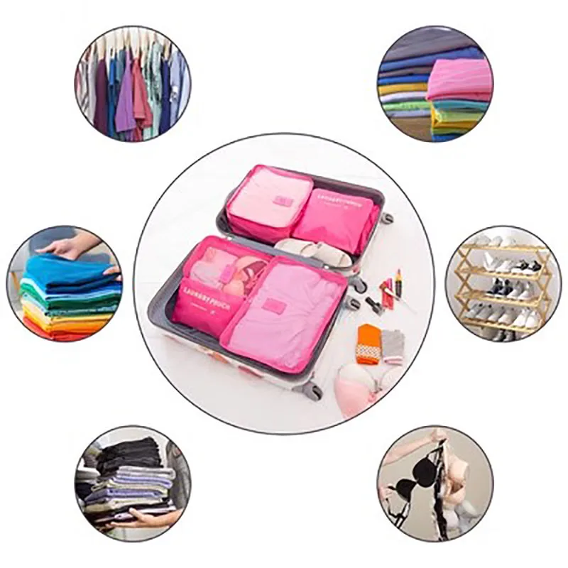 Travel Organizer Storage Bags Set, Fashion Suitcase, Packing Clothes, Shoe Storage Cases, Portable Luggage Makeup Bag, 6Pcs