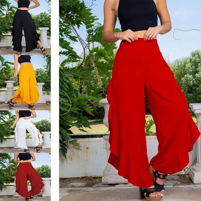 

Versatile And Fashionable Daily Temperament High Waisted New Spring And Autumn Solid Color Ruffled Hem Loose Fitting Wide Leg Pa