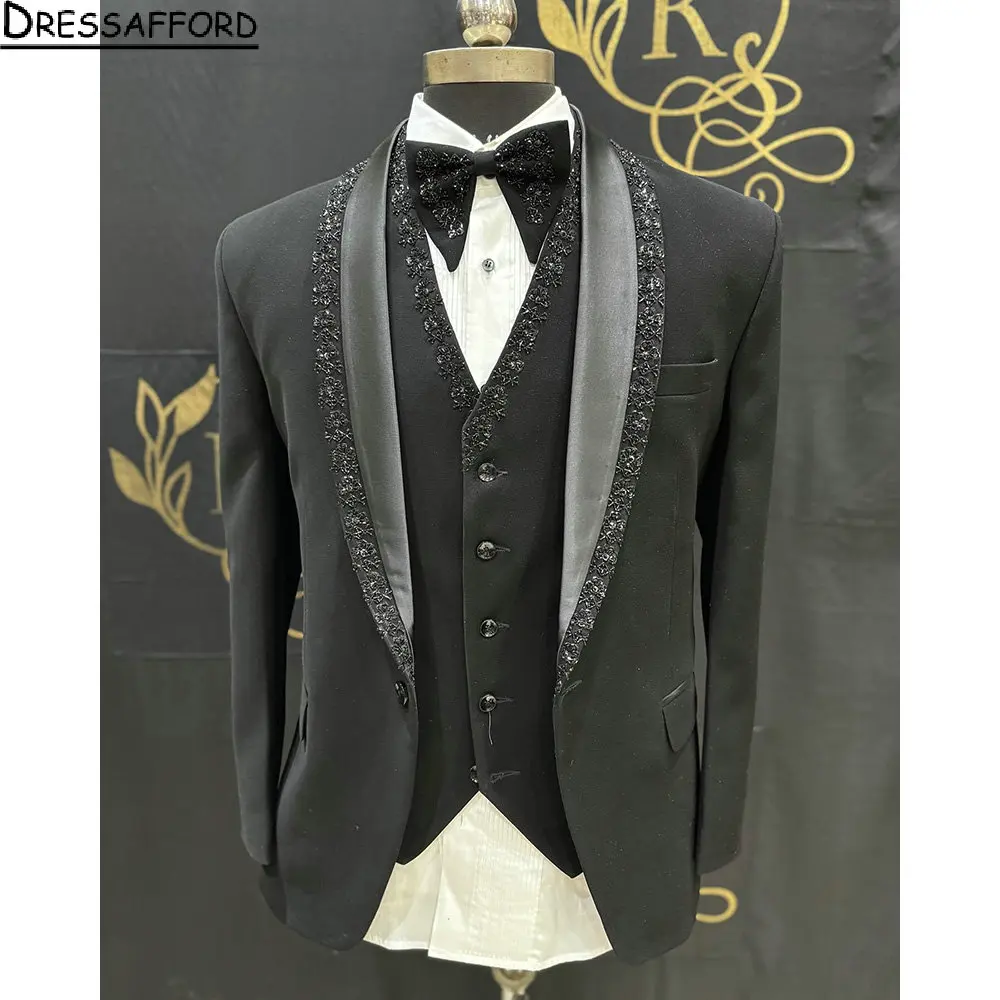 

Black 3 Pieces Men Suits Crystal Beading Groom Wedding Tuxedos Sets Dinner Prom Blazers Terno Masculino Completo