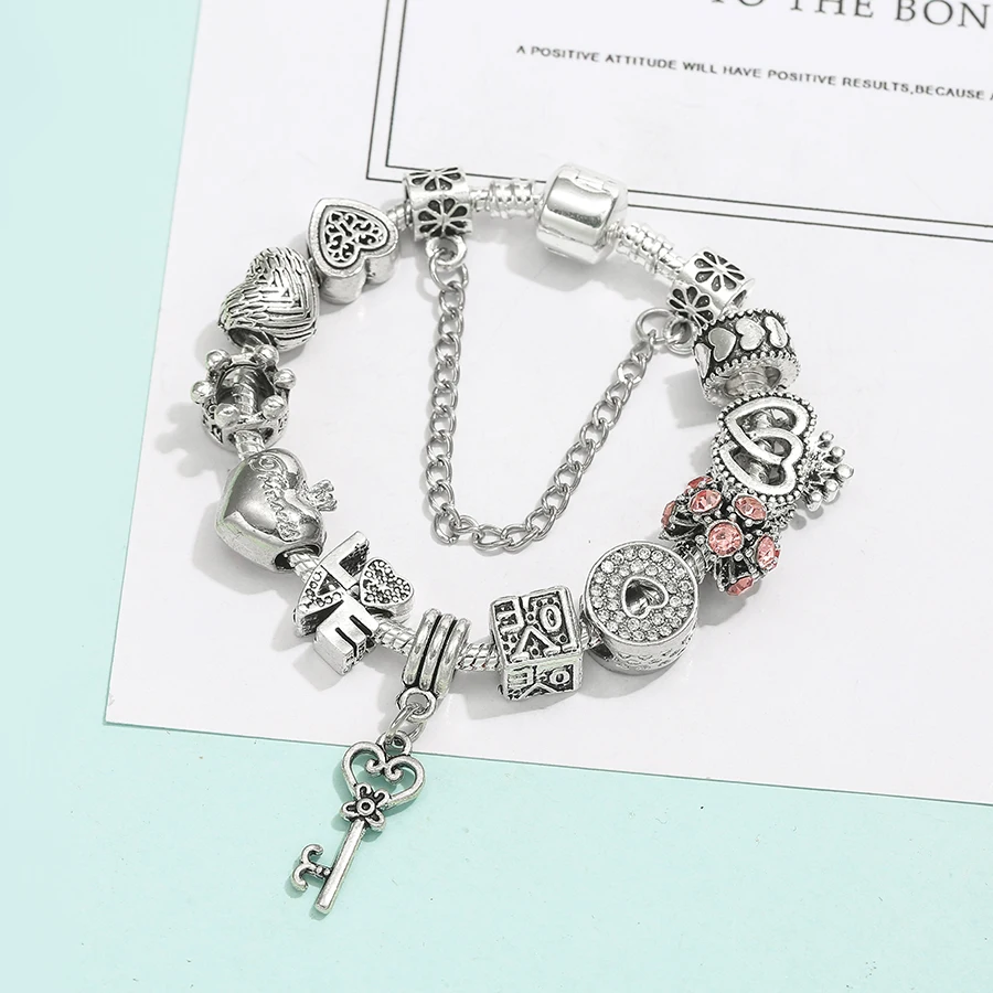 Bracelet Jewelry Heart Key Pendant Charm Beaded Bracelet For Women Girls Princess Crown