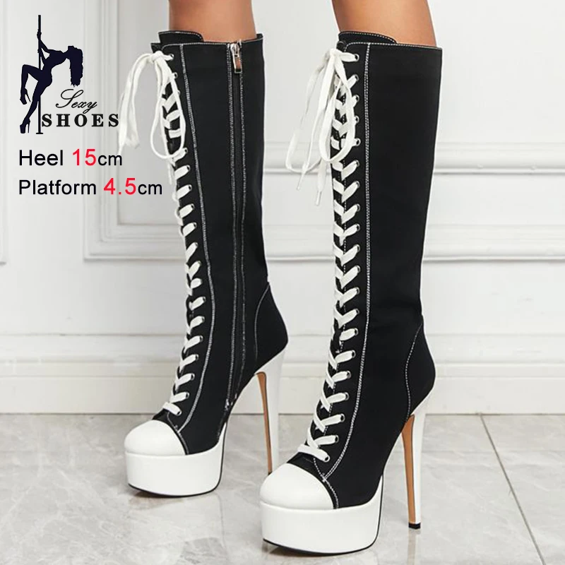 Spring Autumn Fashion Black White Women's Canvas Knee High Boots Thin High Heels 15cm Platform 4.5cm Lace-Up Ladies Long Boots
