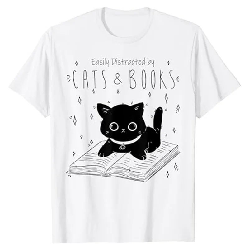 

Easily Distracted By Cats and Books - Funny Cat & Book Lover T-Shirt Cute Kitty Graphic Tee Black Kitten Stuff Avid Reader Tops