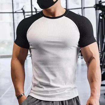 T-shirt sportiva attillata a maniche corte da uomo basket estate corsa a righe splicing elastico fitness t-shirt uomo abbigliamento da allenamento