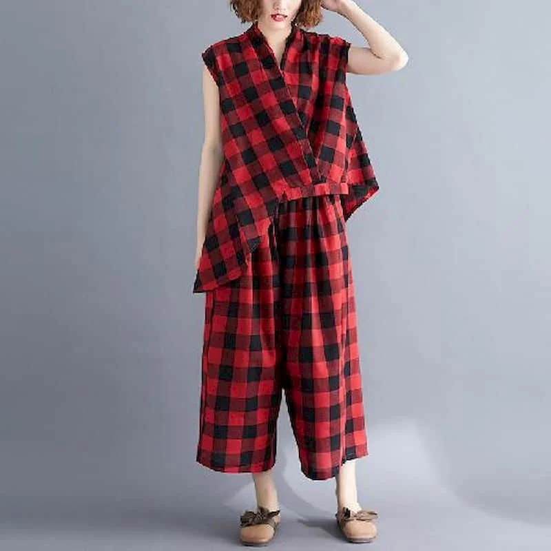 

Casual Pants Set Loose Vintage Plaid Sleeveless V-neck Vests and Harem Pants Summer Korean Style Two Piece Sets Women Outfits