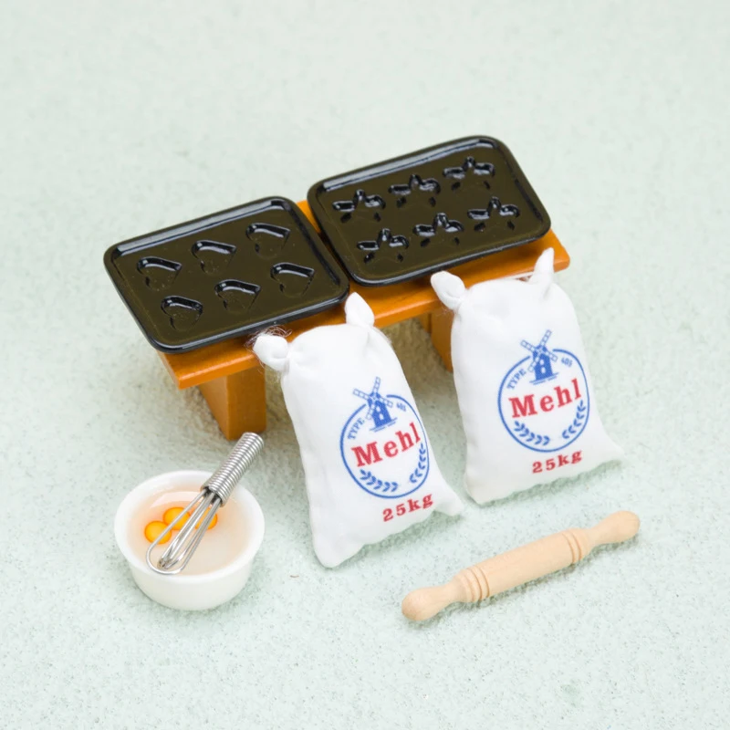 

1Set 1/12 Doll House Kitchen Props Model Cooking Mini Whisk Rolling Pin Flour Bag Scene Shooting Props