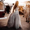 Customized Sheer Lace 3 D Flowers Applique Wedding Dresses Strapless Split Tulle Beach Bridal Gowns With Crystals 1