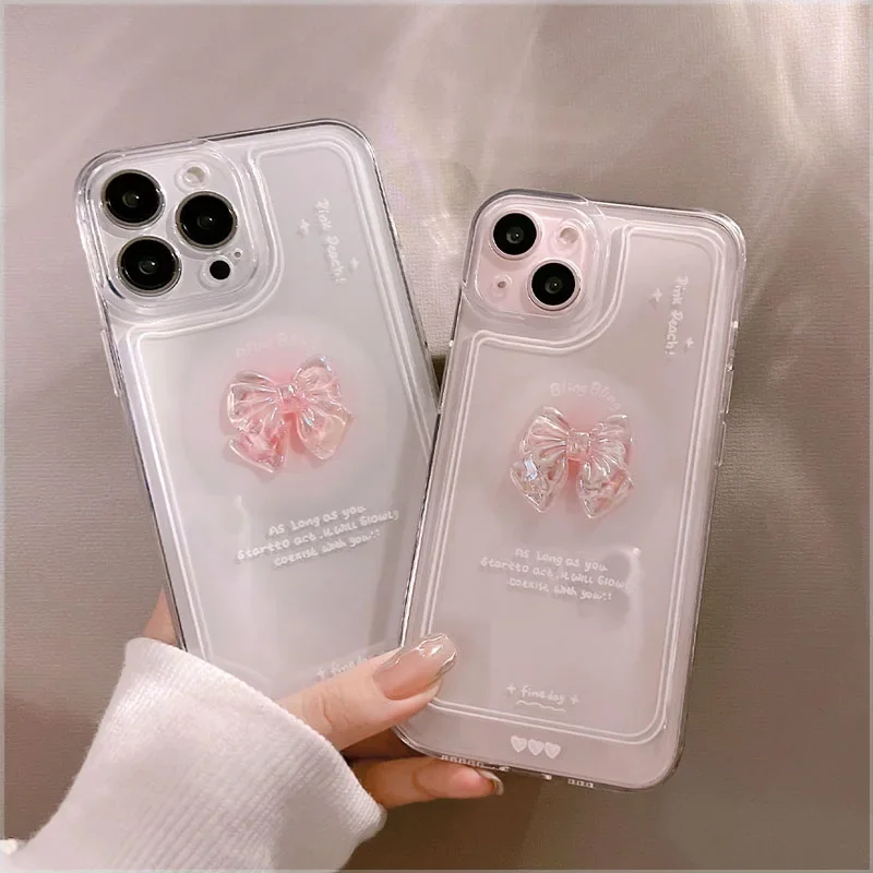 Elegant Korean 3D Crystal Bow Clear Phone Case - Soft Cover