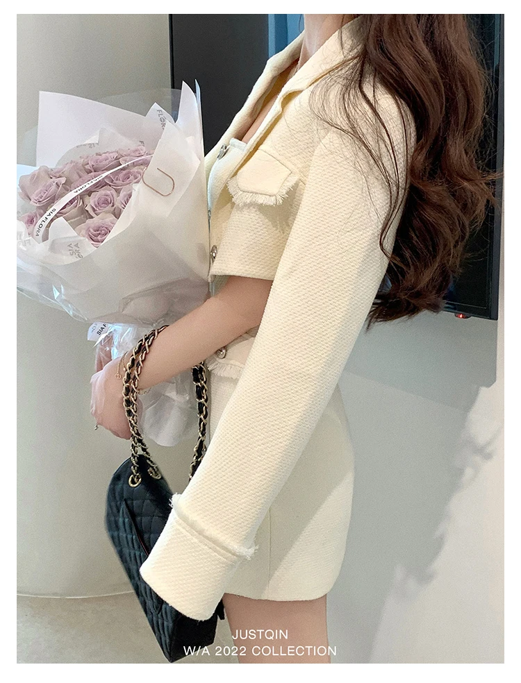 Elegant Autumn New Tweed Two-piece Set Women Long Sleeve Short Jacket Strapless Bodycon Mini Dress Korean Fashion Luxury Outfits