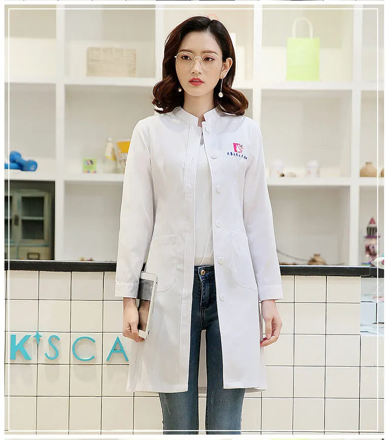 Women's Winter Stand Collar Long Sleeve Uniform Spa Dept. Clinic Doctor's Labtest Coat Slim Fit Overcoat