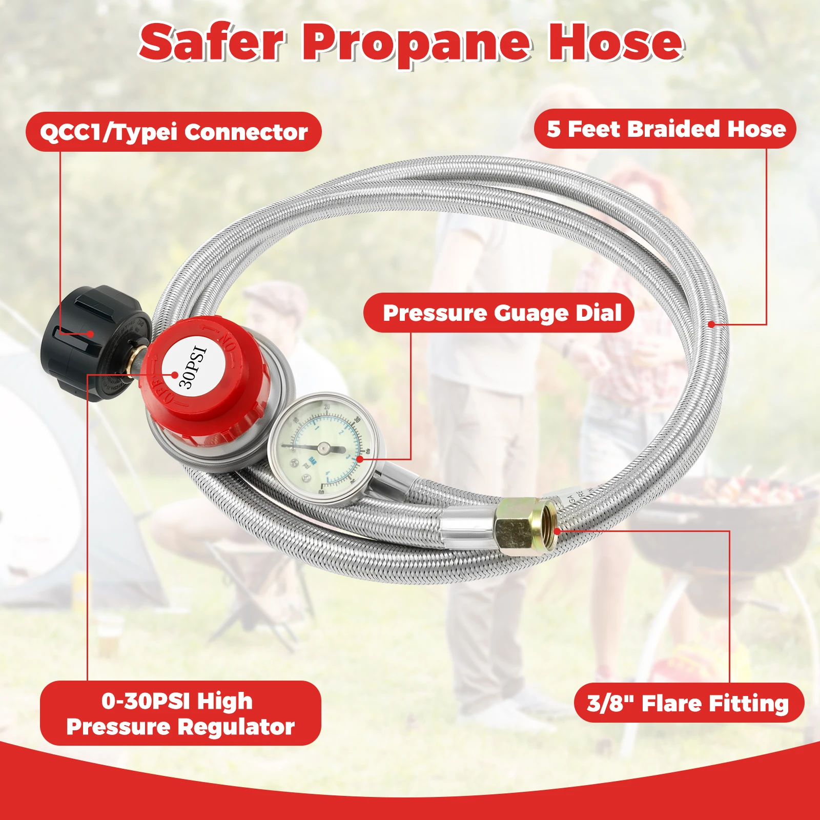 5FT Stainless Steel Brass Propane Regulator And Hose 30 PSI Adjustable Heat Resistant Gas Grill Regulator Hose for Camping Stove