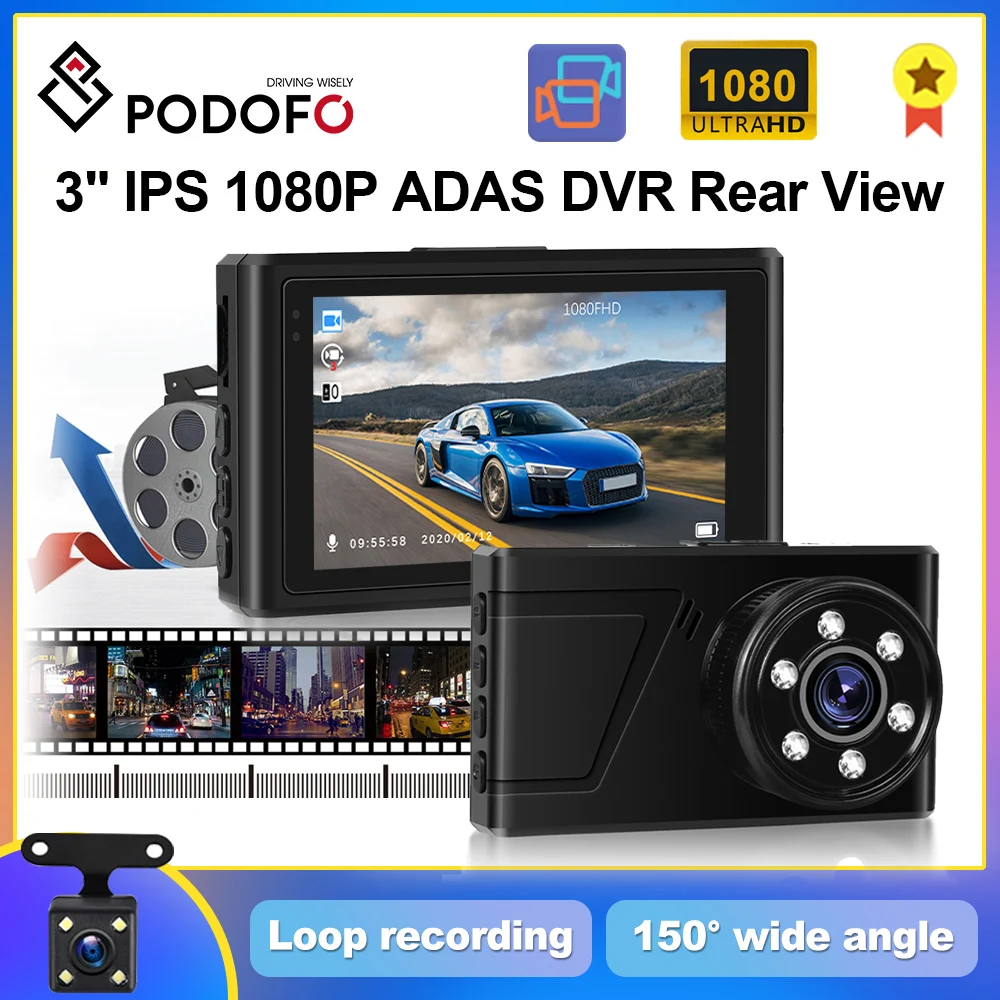 

Podofo 3'' IPS Screen Car DVR Front And Rear View Dash Cam Video Registrator For Vehicle Night Vision Parking Monitor Dual Cams