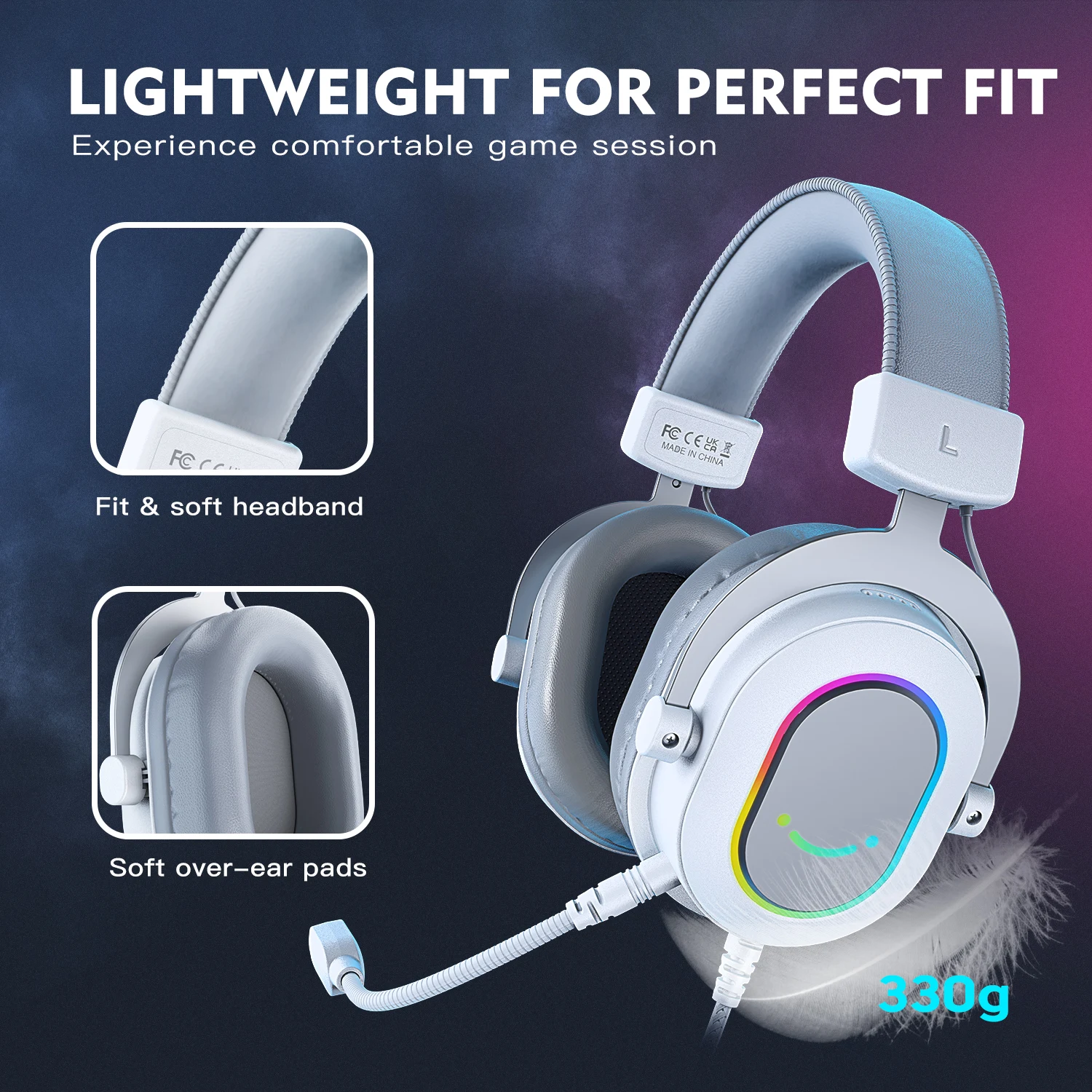 FIFINE RGB 게임용 헤드셋, 7.1 서라운드 사운드, 3-EQ/MIC, 오버 이어 헤드폰, PC PS4 PS5 Ampligame-H6W 인라인 제어
