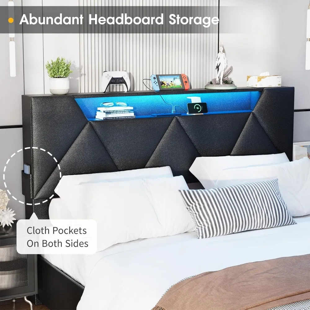 Vabches Queen Bed Frame with Storage Headboard and 4 Drawers,Upholstered Platform with Charging Station and Led Lights,Adjustabl 5