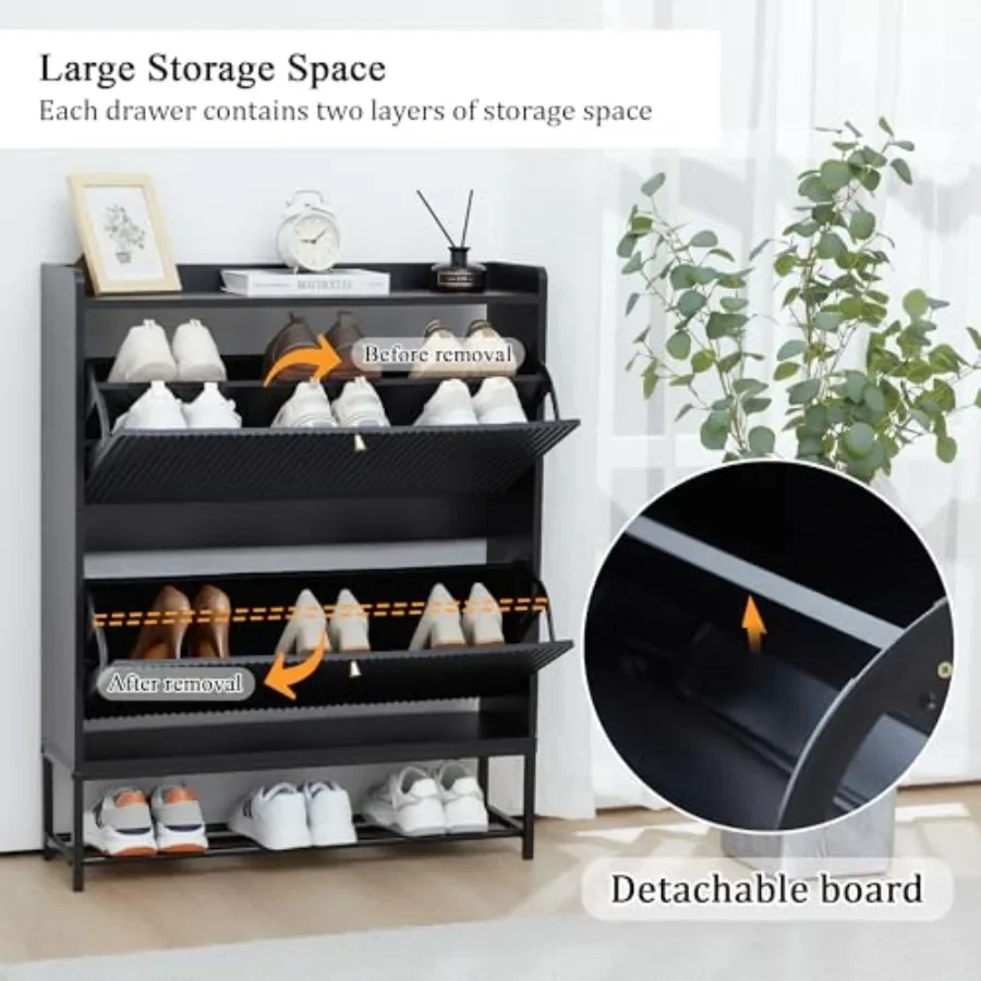 Fluted Shoe Cabinet with 2 Flip Drawers Modern Slim Shoe Storage Organizer Narrow Entryway Shoe Rack Wooden Shoe Cabinet with M