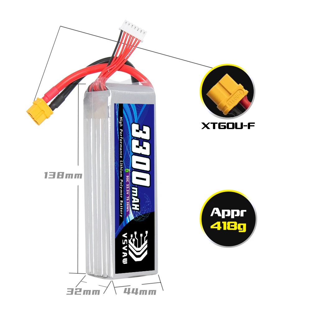 2Pcs VSVAW 6S 22.2V 3300mAh 90C/180C Lipo Battery Mini Four Axis FPV Model Drone High Voltage High Rate Lithium ion Battery 4