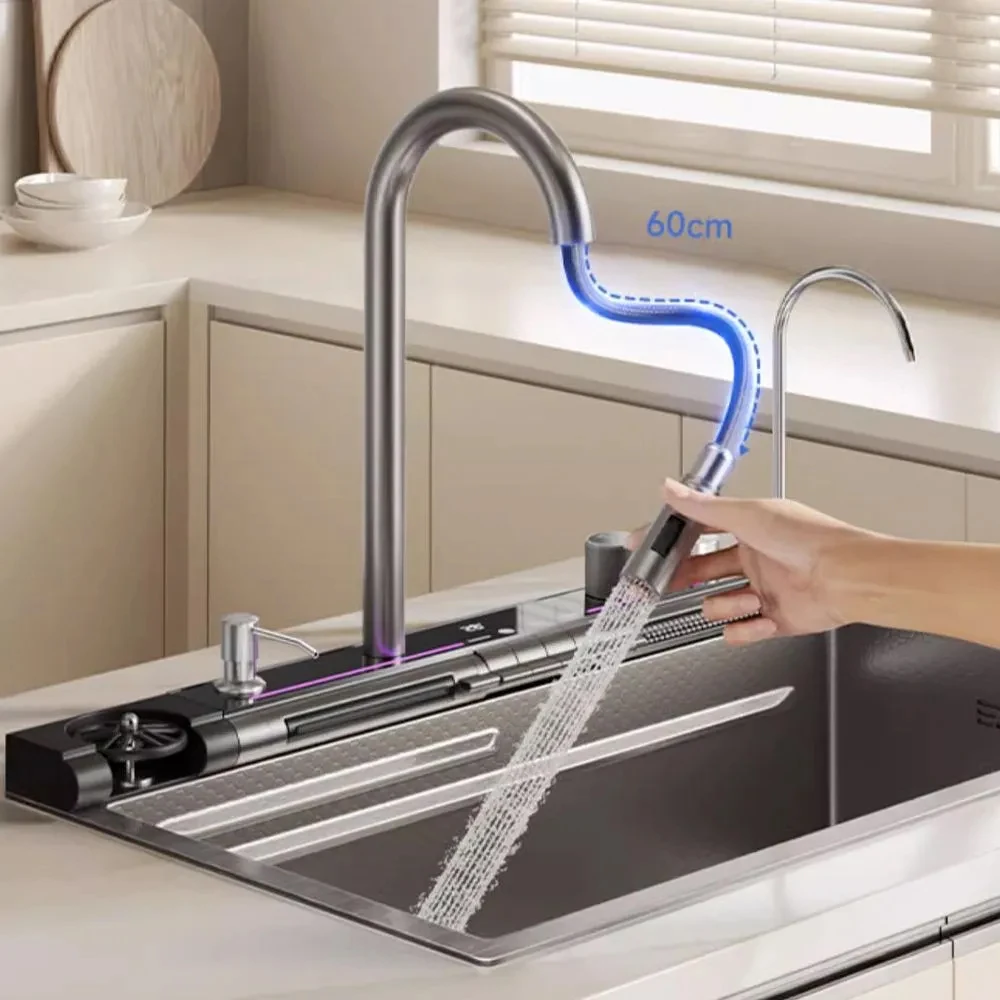 304 Stainless Steel Kitchen Waterfall Sink Digital Display Large Single Sink Dish Basin Multifunction Touch Waterfall kitchen accessories kitchen sink