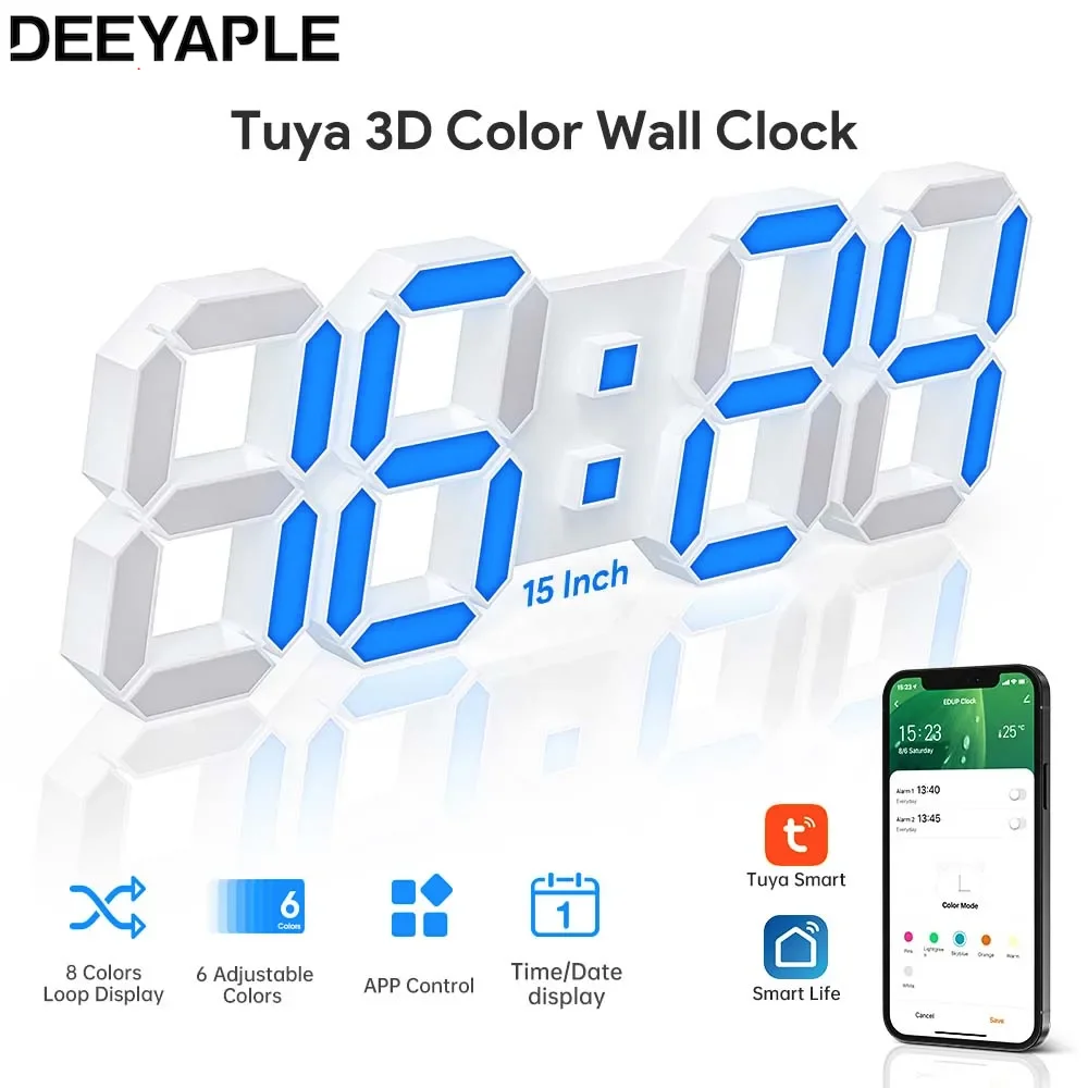 

Deeyaple 3D LED Digital Wall Clock With 8 Colors Display Smart Life Tuya APP Alarm Clock 15Inch Nordic Electronic Table Clock