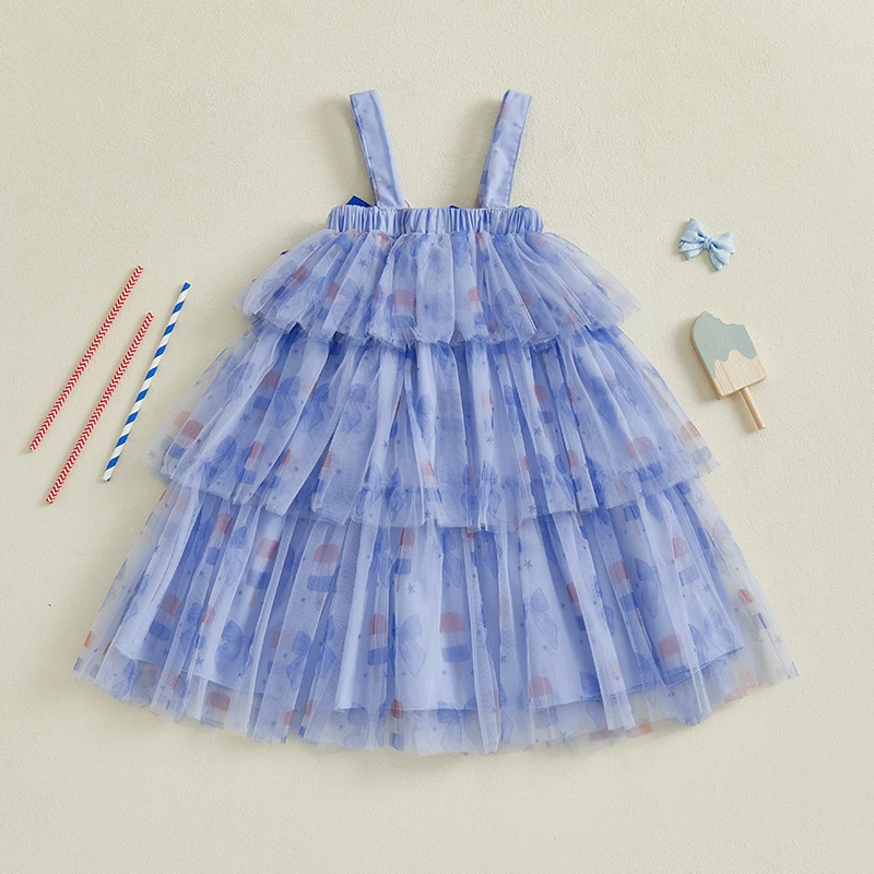 Toddler Girl Independence Day Patriotic Stars and Stripes Sleeveless Tulle Dress Red White Blue American Flag Print A Line Dress 3