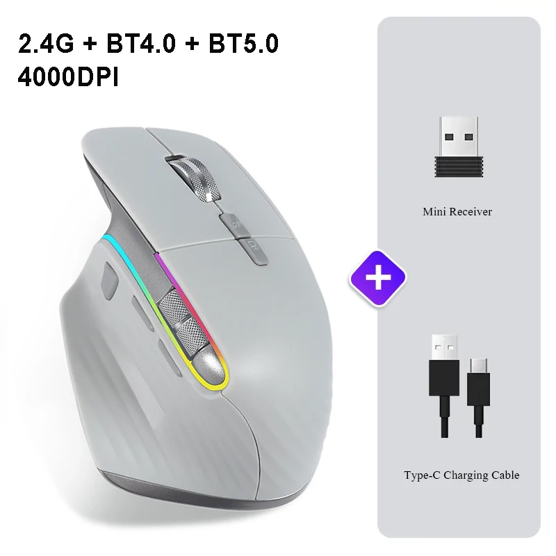 

Tri-mode Wireless Mouse Bluetooth 2.4G Mute Office Mice With RGB Ergonomic Gamer USB-C Rechargeable Mause For Laptop PC Notebook