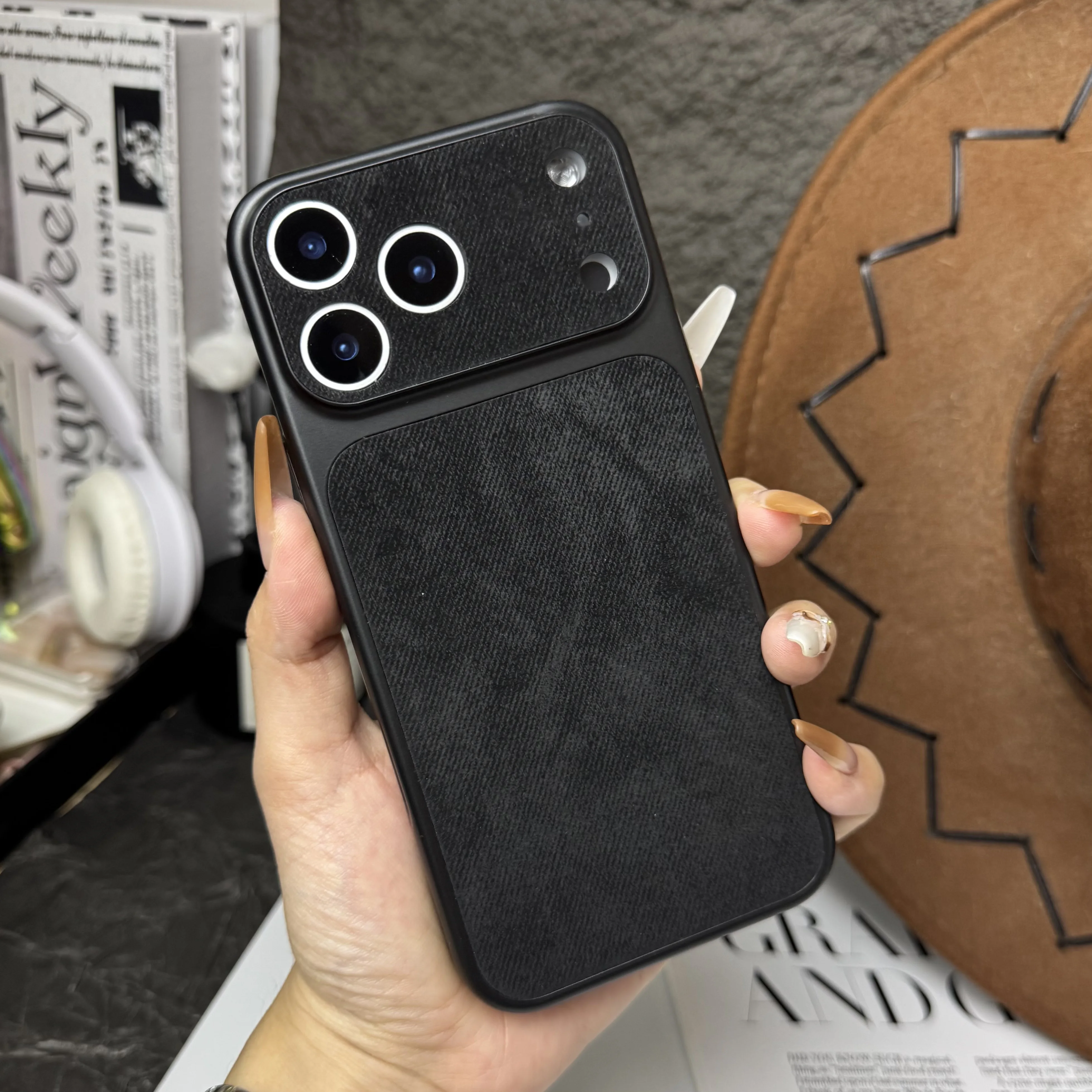 Denim Pattern Leather Phone Case with Large Window and Suede Shell