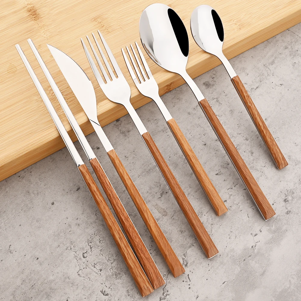 6Pcs Wood Handle Cutlery Set Steak Knife Fork Tea Spoon Chopsticks Dinnerware Stainless Steel Tableware Western Kitchen Flatware