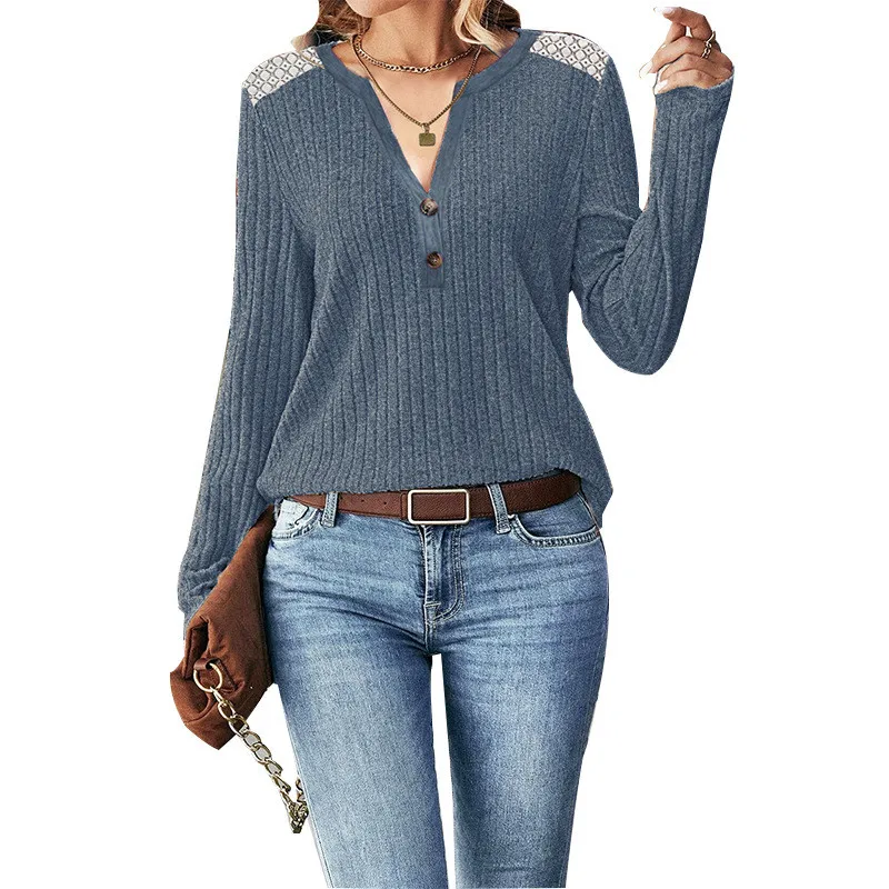 

New Button Lace Splice Knit Long Sleeve Sweater Women Autumn Clothing Winter Sexy Long Sleeve V-neck Tops Loose Knitwear Sweater