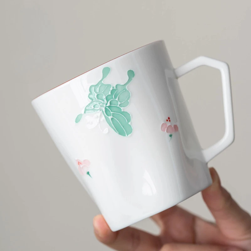 Chinese Style Ceramic Mug, Personal Office White porcelain hand-painted butterfly underglaze color, Water Coffee Cup, 300ml, 1Pc