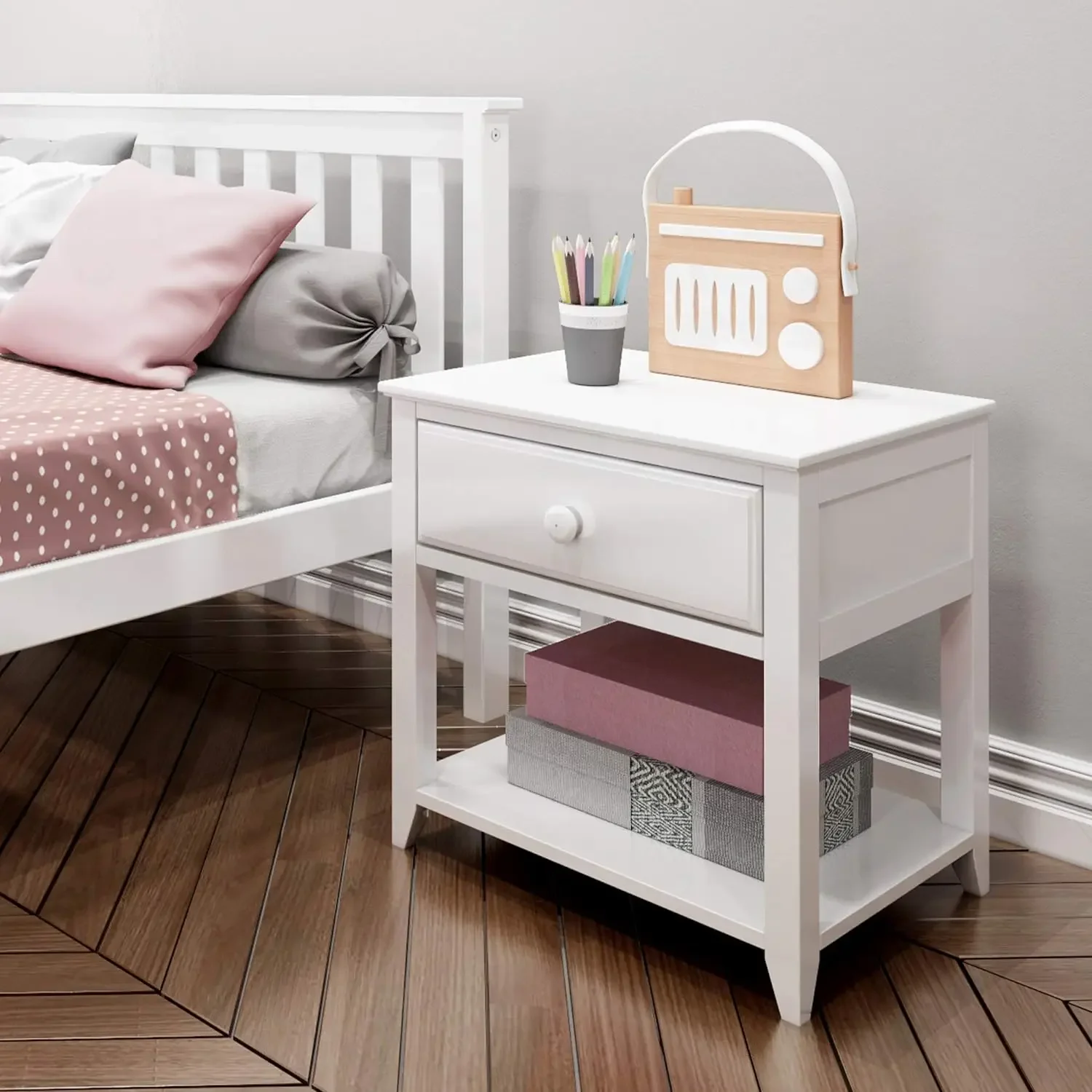 

Nightstand with Drawer and Shelf, White