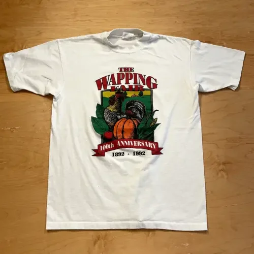 Vintage 1992 Wapping Fair Chicken Farm White Large Vtg T Shirt Maniche Lunghe O Corte