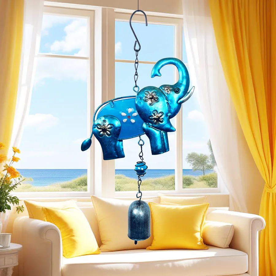Cute Blue Elephant Bell Wind Chime Gentle Style Indoor Wall Outdoor Courtyard Terrace Porch Hanging Decoration Birthday Valentine's Day Housewarming Gift