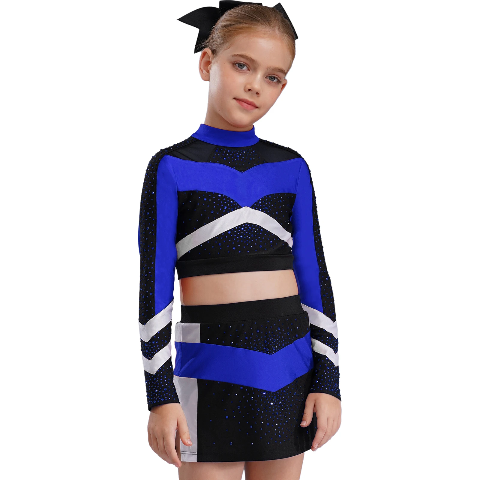 Cheerleader-Kostüm für Mädchen, Schul-Cheerleading-Outfit, Stehkragen, lange Ärmel, glänzende Strass-Crop-Tops mit seitlich geschlitztem Rock – Detail 14