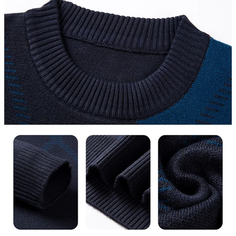 Autumn Winter Men's Pullover Round Neck Solid Screw Thread Long Sleeve Sweater Knitted Undershirt Fashion Casual Formal Tops