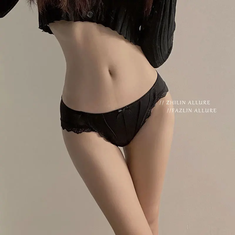 

French vintage satin panties Girls cotton crotch lace edge sexy mesh midwaist women's briefs ice silk summer