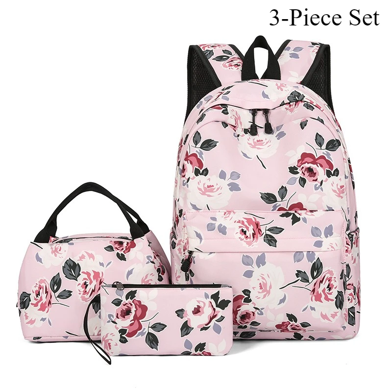 New Nylon 3-Piece Backpack Set - Thermal Lunch Bag Stylish Floral Daypack Compact Crossbody Bag Large Capacity Casual School Bag