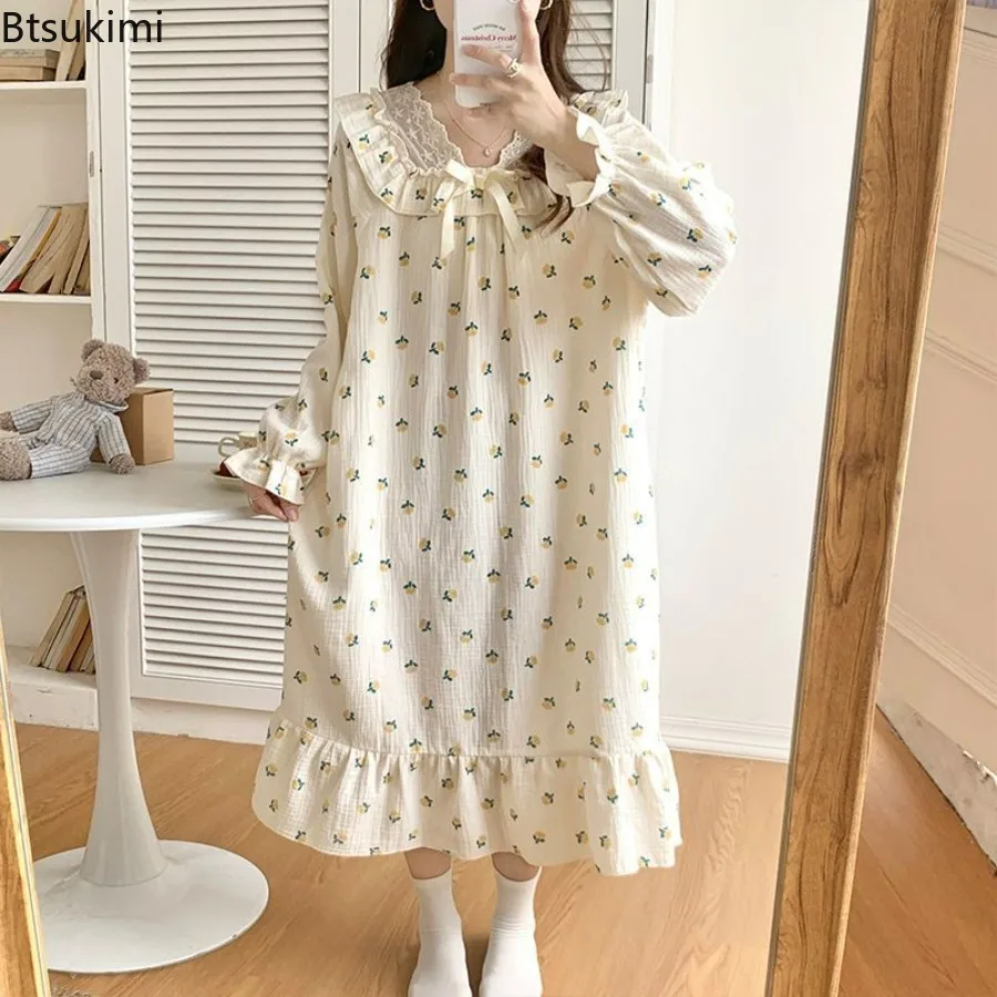2024 Women's Long Sleeve Cotton Print Nightgowns Sleepwear Dress Korean Cute Lace Long Dress Soft Night Dress Girls' Nightdress