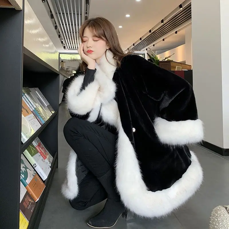 2023 New Women Faux Fur Coat Imitation Fox Fur Winter Thicken Warm Mid-Length Outwear Loose Fashion Casual Solid Color Parkas