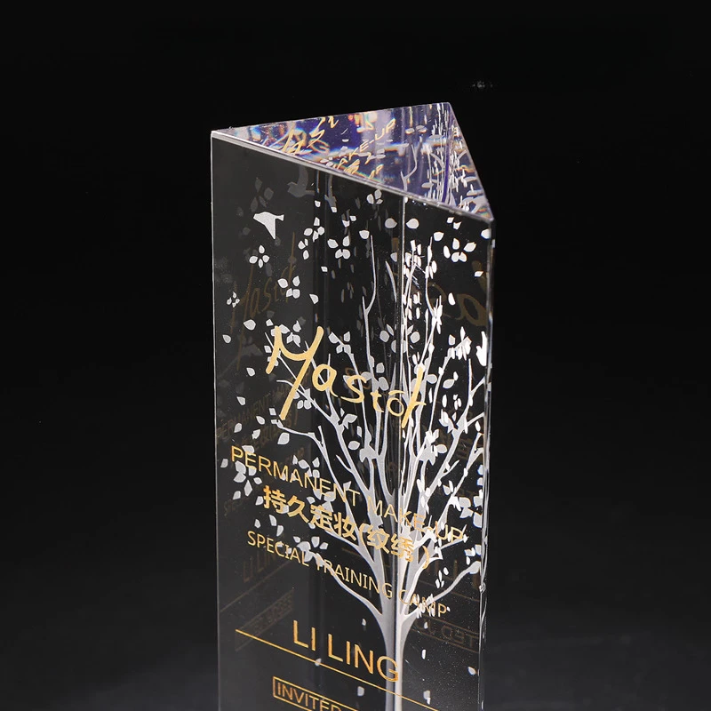 Customized Triangle pillar Crystal Trophy, Excellent Staff Company Annual Meeting Awards, Home Decoration Blue crystal base, 1Pc