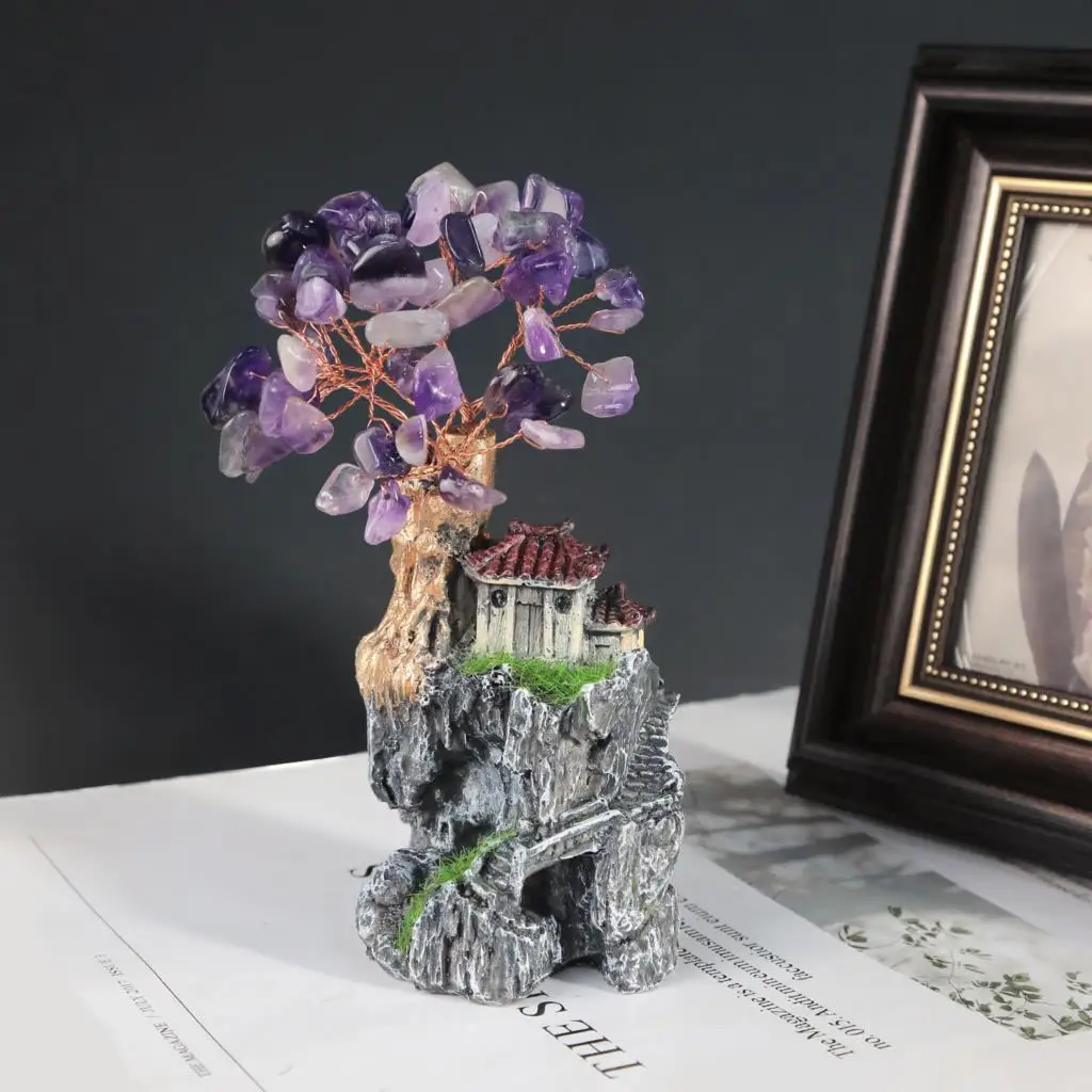Mini Resin House Natural Crystal Stone Tree Micro Landscape For Home Decoration Desktop Ornaments