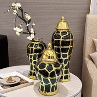 Black Plaid Can Ceramic Checkmate Jar Flower Vase Sealed Storage Tank Ginger Jar Chinese Porcelain Handicrafts Home Decoration 1