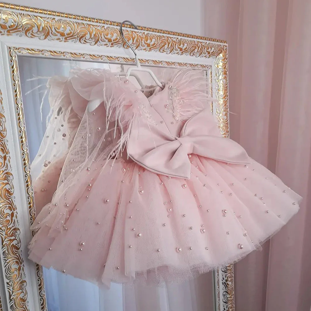 puffy-pink-flower-girl-dress-maniche-di-perle-abito-da-principessa-girl-brithday-party-dress-girl-dress-baby-girl-dress-frist-comunione