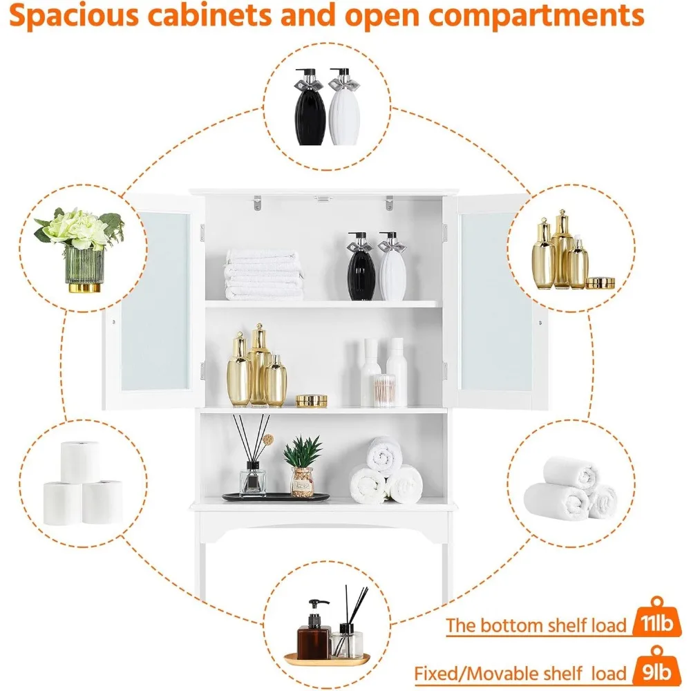 Over The Toilet Storage Cabinet with Double Tempered Glass Doors and Adjustable Shelf, Freestanding Bathroom Storage 5