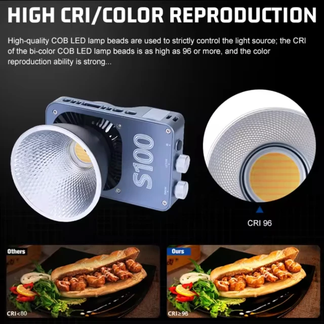 S100 100W Photographic Camera Light Dual Color COB Fill Lights For Outdoor Mini Size CRI96 Dimmable Portable Handheld Fill Light 2