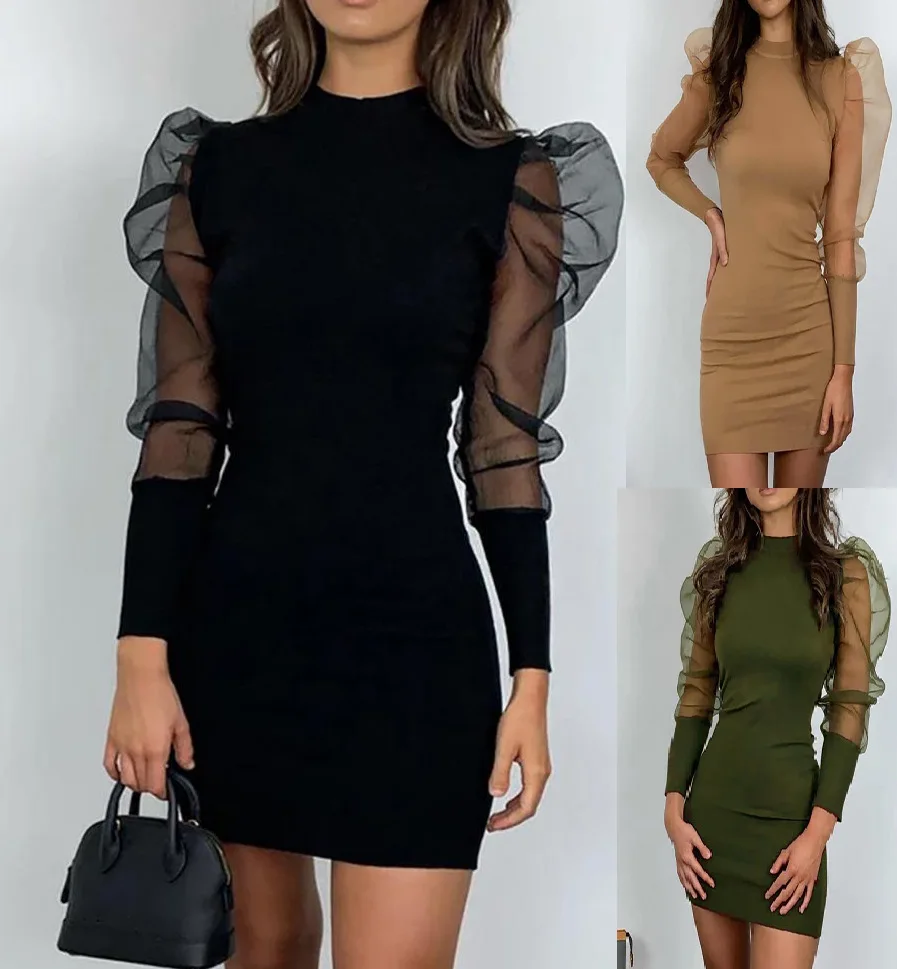 

Casual Puffsleeve Womens Dresses Solid Turtleneck Sexy Transparent Mesh Long Sleeve Slim Short Hip Short Dress